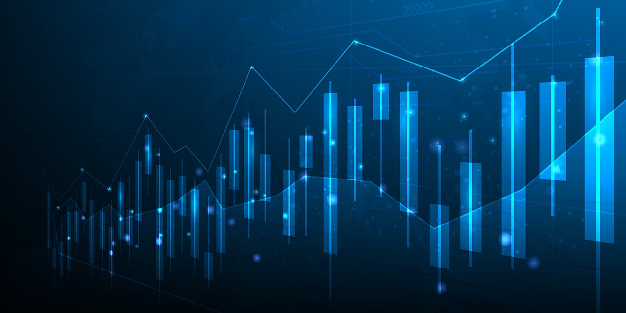 Abstract image of a bard and line chart with blue background.