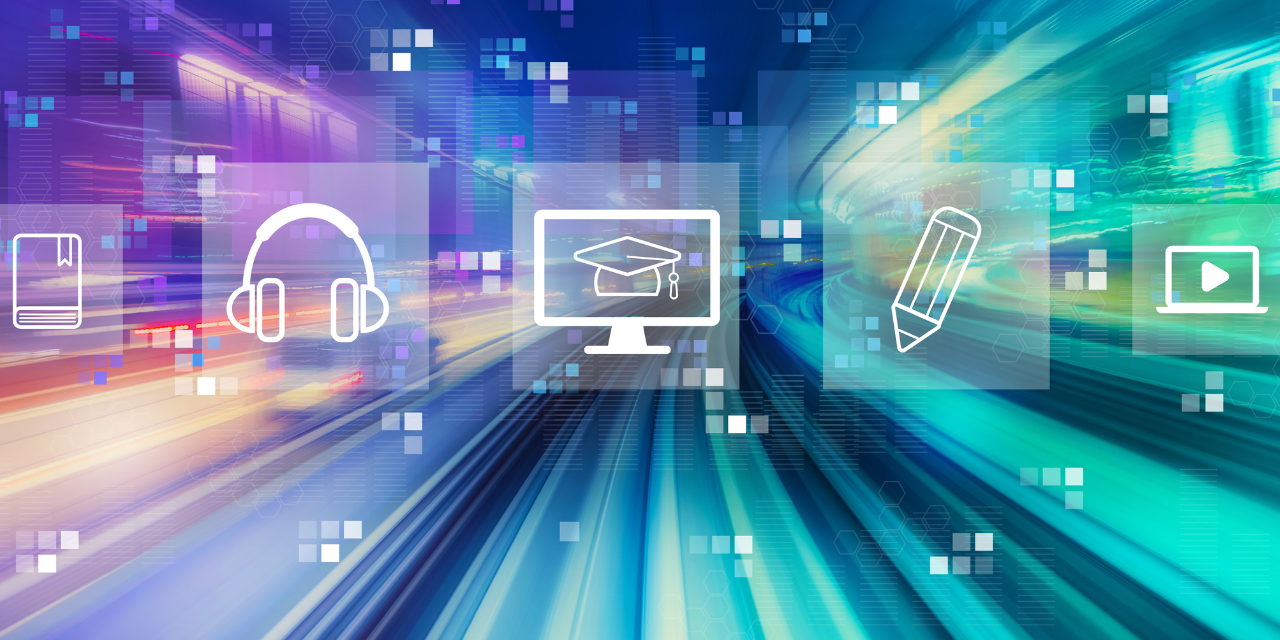 Abstract background with digital education icons representing online learning and technology.