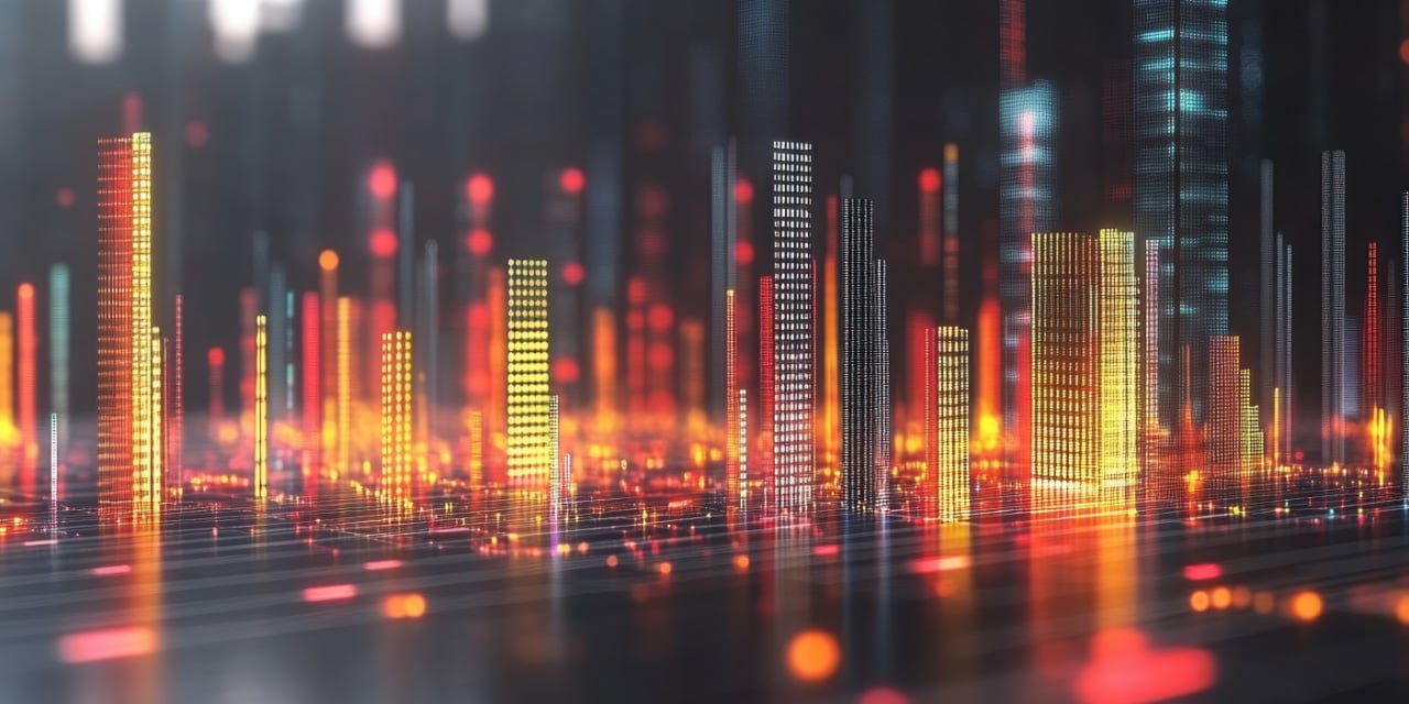 abstract cityscape with glowing digital towers in red, orange, and yellow tones