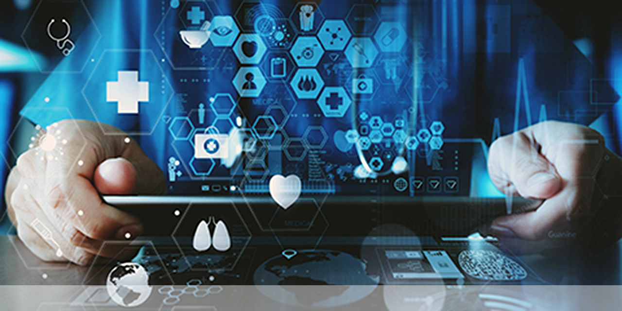 Hands holding tablet with medical icons float over the top