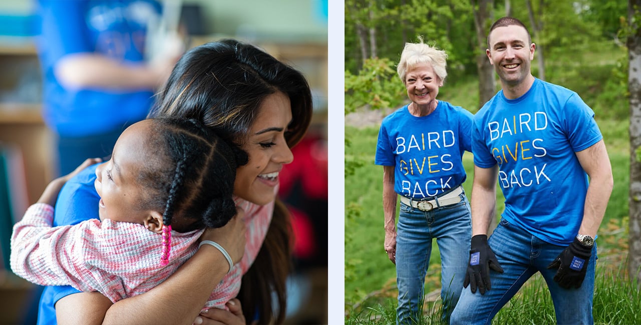 The left image is a woman embracing a child while volunteering. The right image showcases Kim Fleming and Max Mann wearing Nexus Gives Back t-shirts at an outdoor volunteer event.