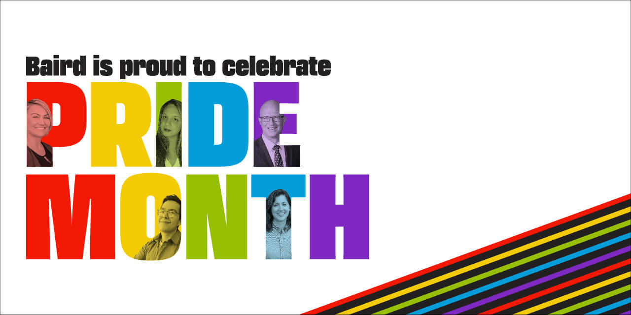 Graphic with the words "Nexus is proud to celebrate Pride Month" in multiple colors with red, yellow, green, blue, and purple diagonal stripes along the bottom right.